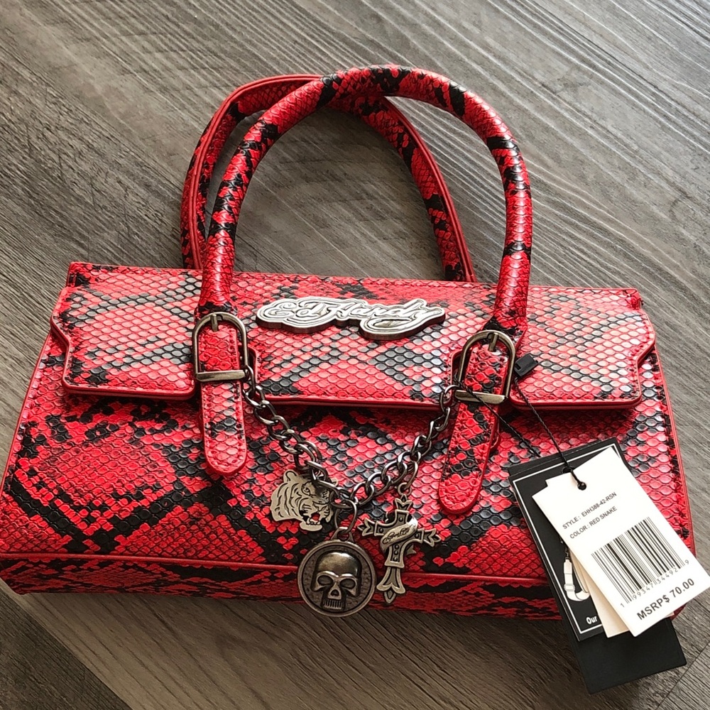 Ed Hardy Red & Black Faux Leather Snake Print Satchel + Charm Chain & Strap NWT